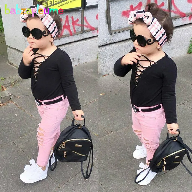 

2Piece 2019 Children Clothes Spring Baby Clothing Kids Sets Fashion Black T-shirt+Hole Pink Pants Toddler Girl Outfits BC1695-1
