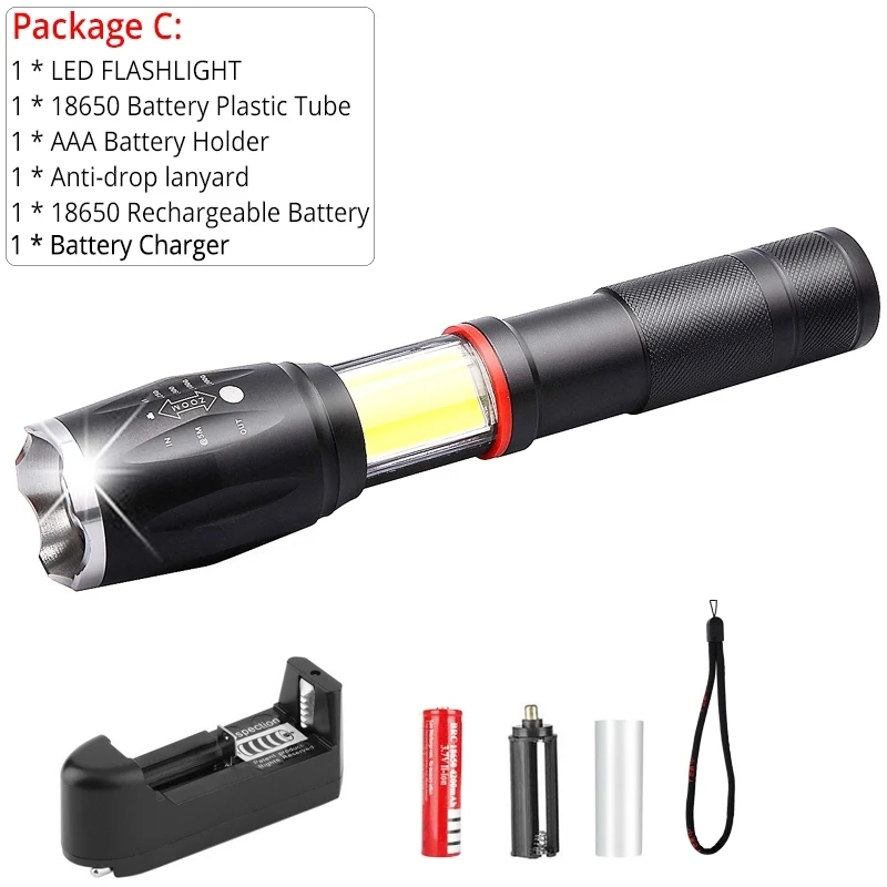 Package C Супер яркий светодиодный фонарик перезаряжаемый 10000 люмен Zoomable 5 режимов Linterna светодиодный Светодиодный фонарь Магнитный для кемпинга и туризма - Испускаемый цвет: Package C