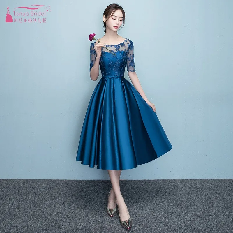 

A Line Half Sleeve Lace Satin Bridesaid Dresses Blue Wedding Guest Dress Tea Length For Wedding Party Maid Of Honor Dresses JQ26