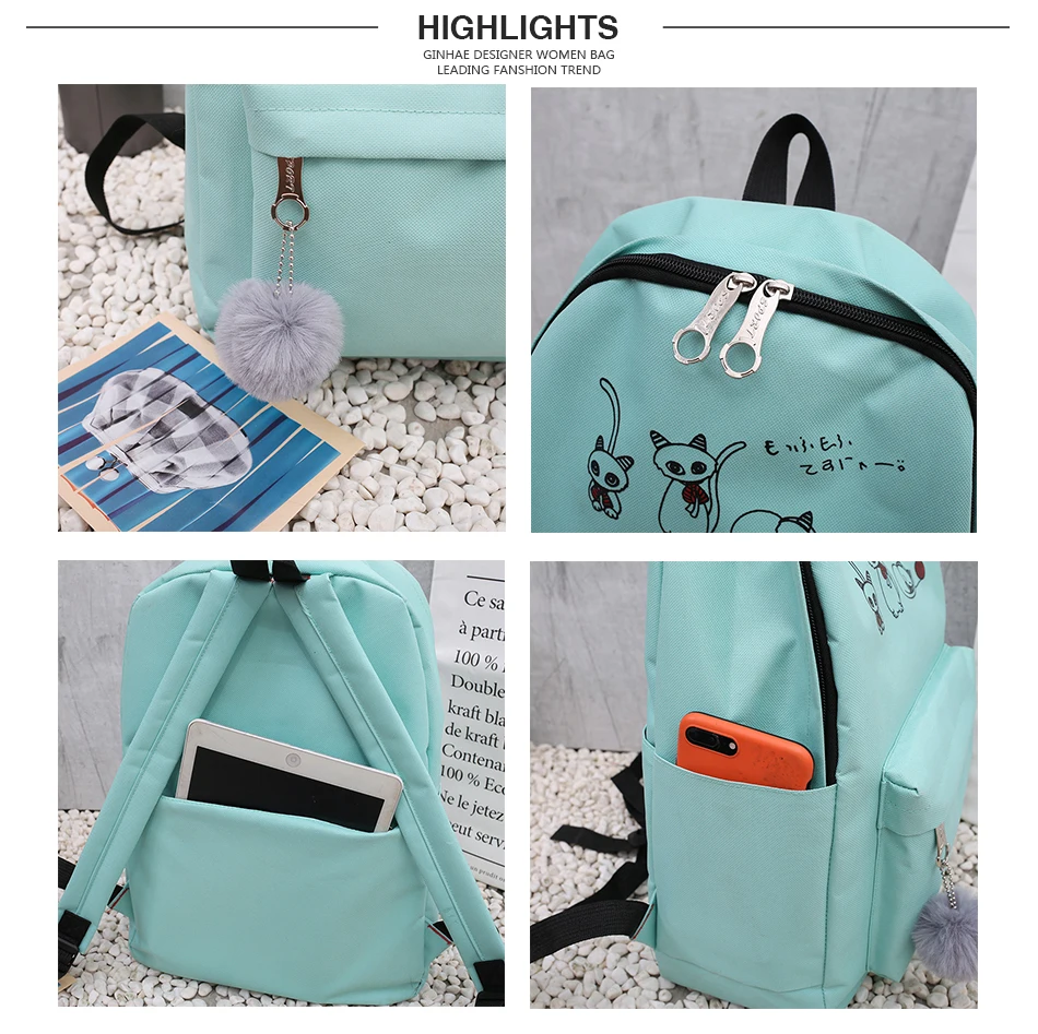 4Pcs/Set Travel Casual Oxford Letter Backpack Preppy Style Cute School Bags For Teenage Girls Women Cat Book Bag Rucksack Dame