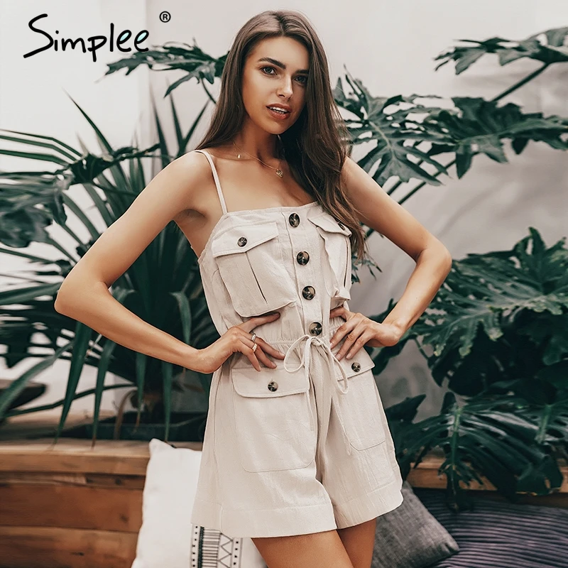 Женский хлопковый комбинезон Simplee карго на узких бретельках с пуговицей и