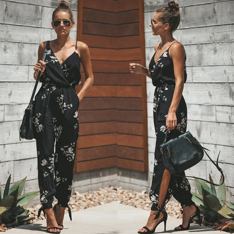 Женские Boho Цветочные без рукавов Твердые модные Vouge сладкий Сплит бантом крутой Танк комбинезон боди карандаш брюки