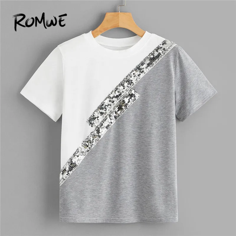 ROMWE Цвет-Block(цветовой блок), блёстки, панель Футболка женская одежда Повседневное с круглым вырезом короткий рукав Футболка женская Топы летний топ