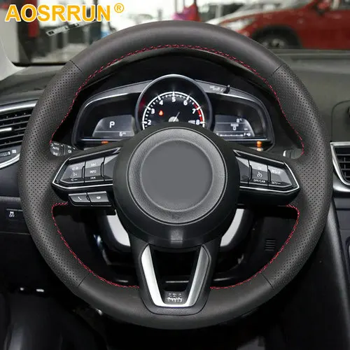 RED LINE Черный кожаный сшитый вручную чехол рулевого колеса автомобиля для Mazda CX-3 CX3 CX-5 CX5 автомобильные аксессуары Чехлы - Название цвета: RED LINE