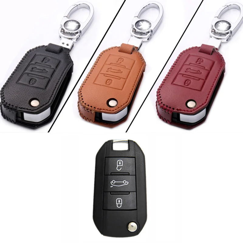 

Genuine PU Leather 3 Button Remote Key Bag Case Fob Holder Chain For Peugeot/Citroen Series A Type