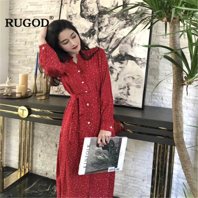 Женское длинное однобортное платье RUGOD красное до середины икры с v образным