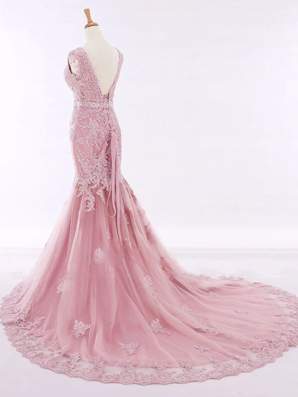 2017 Розовый Двойной V Шеи Кружева Аппликация узелок Cap рукава Вечернее Платье с Sash