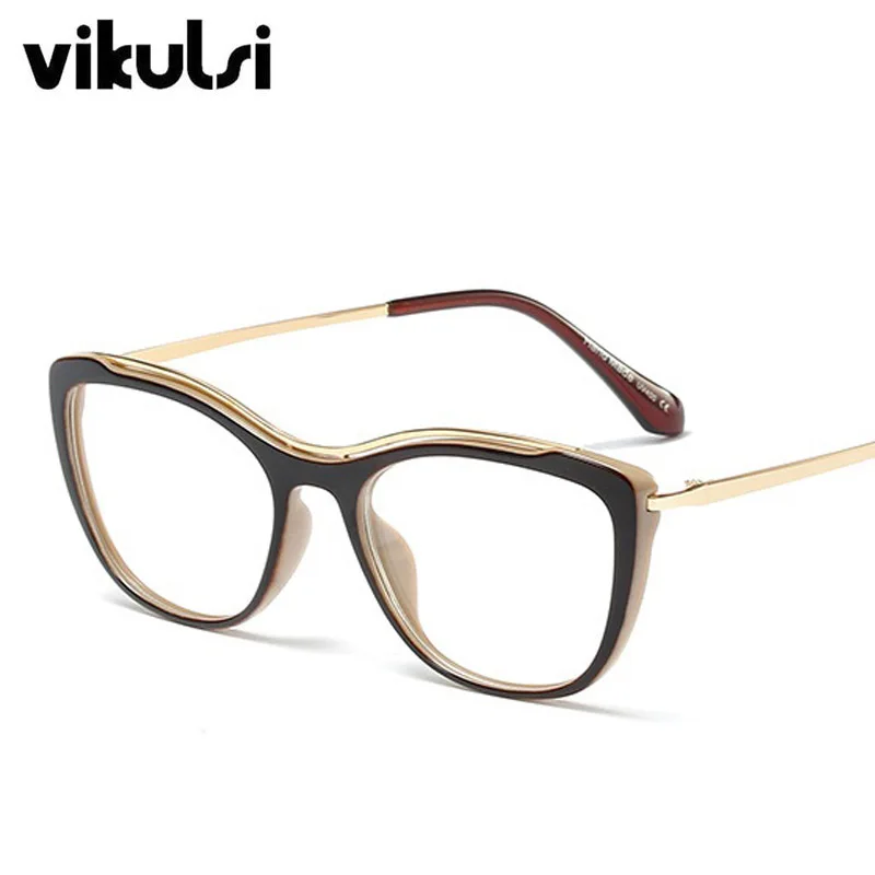 E70 brown beige Кошачий глаз прозрачные оправы для очков женские брендовые дизайнерские полоски из металла оправа с прозрачными линзами очки Оптические очки Oculos De Sol UV400 - Цвет оправы: E70 brown beige