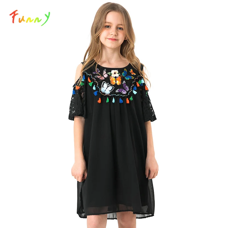 Black Cold Shoulder Butterfly Embroidery Princess Dress Girl Costume 2019 Summer Short Sleeve A Line Boho Tassel Lace Kids | Детская