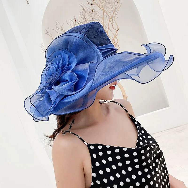 

Retro Summer Organza Sun Hats For Women Elegant Ladies Church Vintage Hat Wide Large Brim With Big Flower Fedoras
