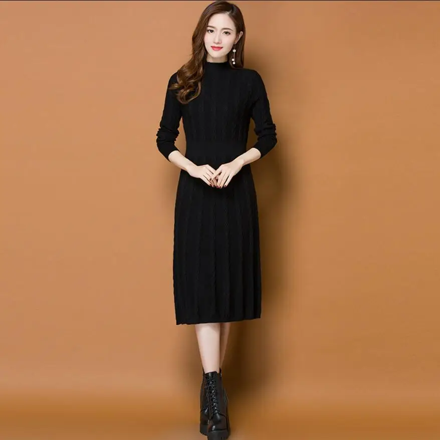 Зимние женские платья свитеры 2019 зимние длинные вязаный теплый свитер с высоким