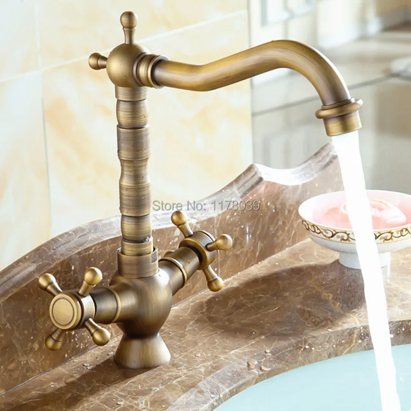 

Матовый бронзовый смеситель с двойной ручкой, смеситель для ванной комнаты с одним отверстием, европейский античный латунный Смеситель для горячей и холодной воды, J16930