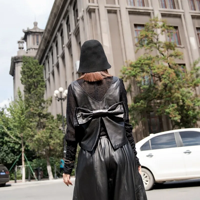 Новинка 2019 короткий жилет из натуральной кожи женский дизайн с бантом v-образный