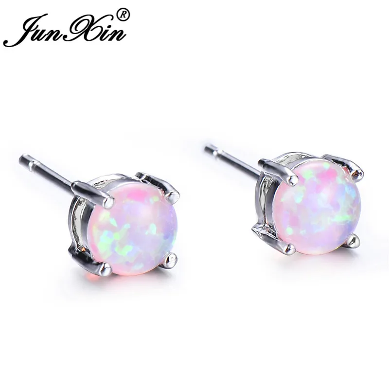 Light Pink Opal JUNXIN милые розовые/фиолетовые/синие огненные опаловые серьги-гвоздики для женщин, 925 пробы, заполненные серебром, радужные круглые серьги с камнем по месяцу рождения, подарок - Окраска металла: Light Pink Opal