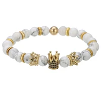 natural howlite lava red tiger eye stone bead women mens bracelets cz king crown charm bracelets for fashion jewellery
