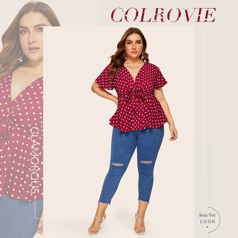 COLROVIE, женская блузка размера плюс с узлом спереди, в горошек, лето, сексуальный глубокий v-образный вырез, короткий рукав, Boho, Женские топы и блузки