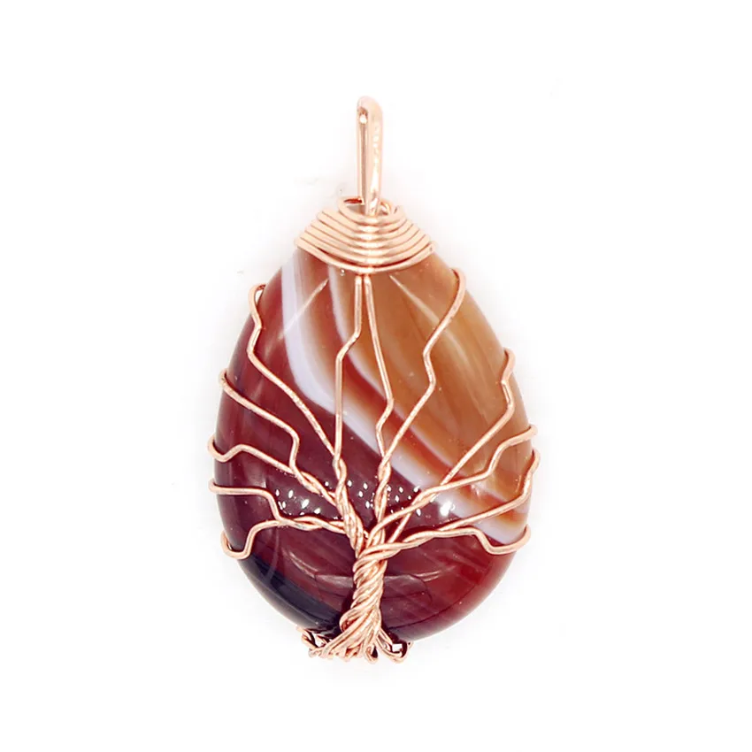 

100-Unique 1 Pcs Rose Gold Color Wire Wrap Tree of Life Water Drop Stripe Brown Agates Pendant Charm Jewelry