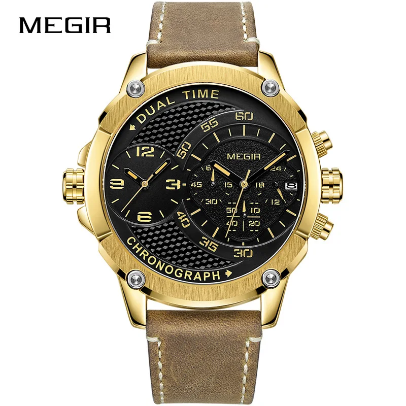 Gold MEGIR мужские креативные с большим циферблатом модные двойные кварцевые наручные часы золотые военные спортивные часы кожаные часы Relogio Masculino - Цвет: Gold