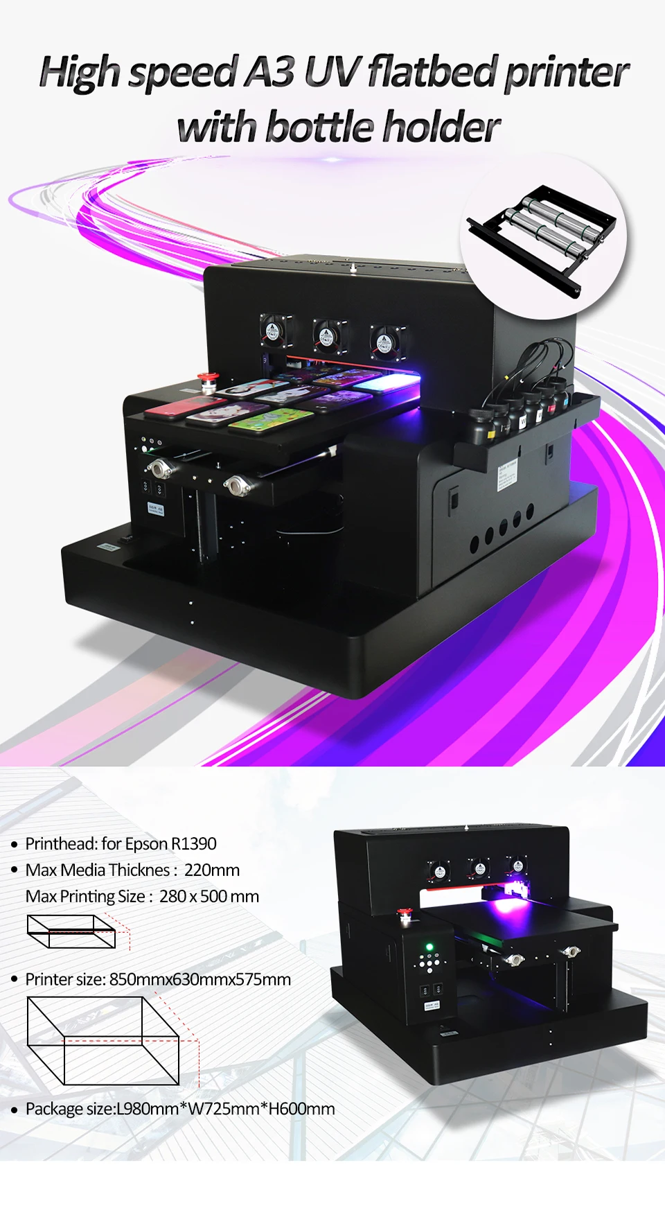 Автоматический принтер Colorsun A3 UV Led(280*500 мм) для чехол для телефона цилиндрическая древесина стеклянная печатная машина с программным обеспечением RIP 9,0