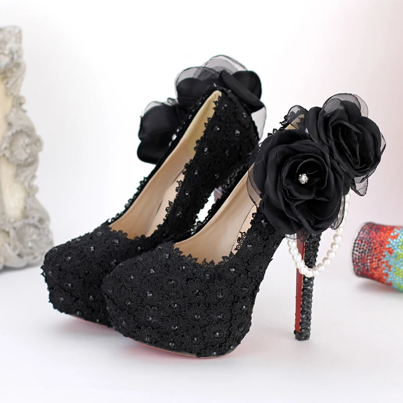 Туфли на выход с узором из черного кружева Красивые туфли платформе для