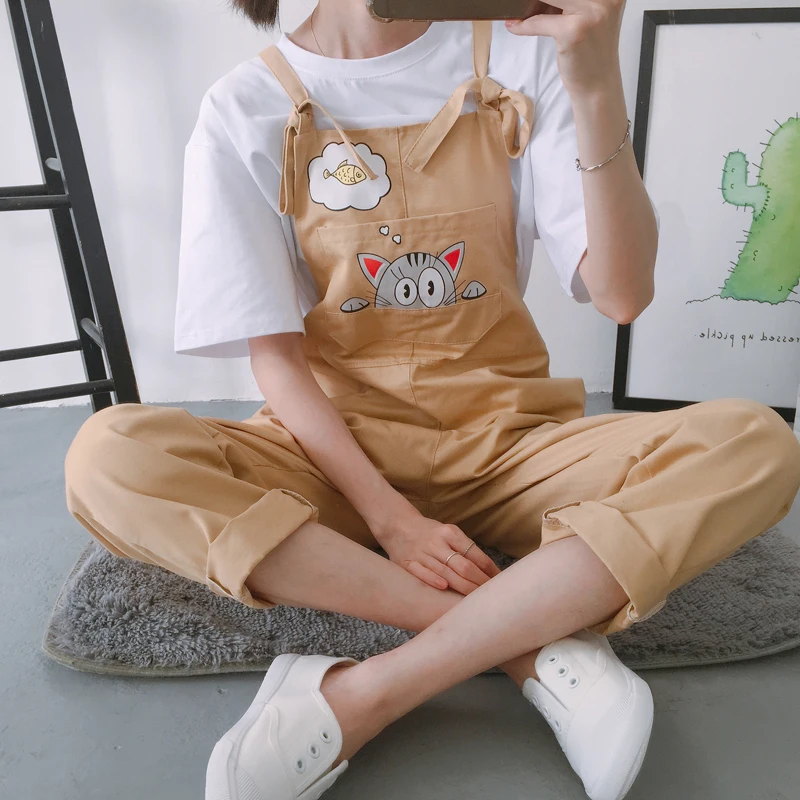 Harajuku Kawaii, женский комбинезон для школьников, корейский стиль, принт с кошкой, карманы, трендовые женские комбинезоны, летние, дышащие, шикарные - Цвет: khaki