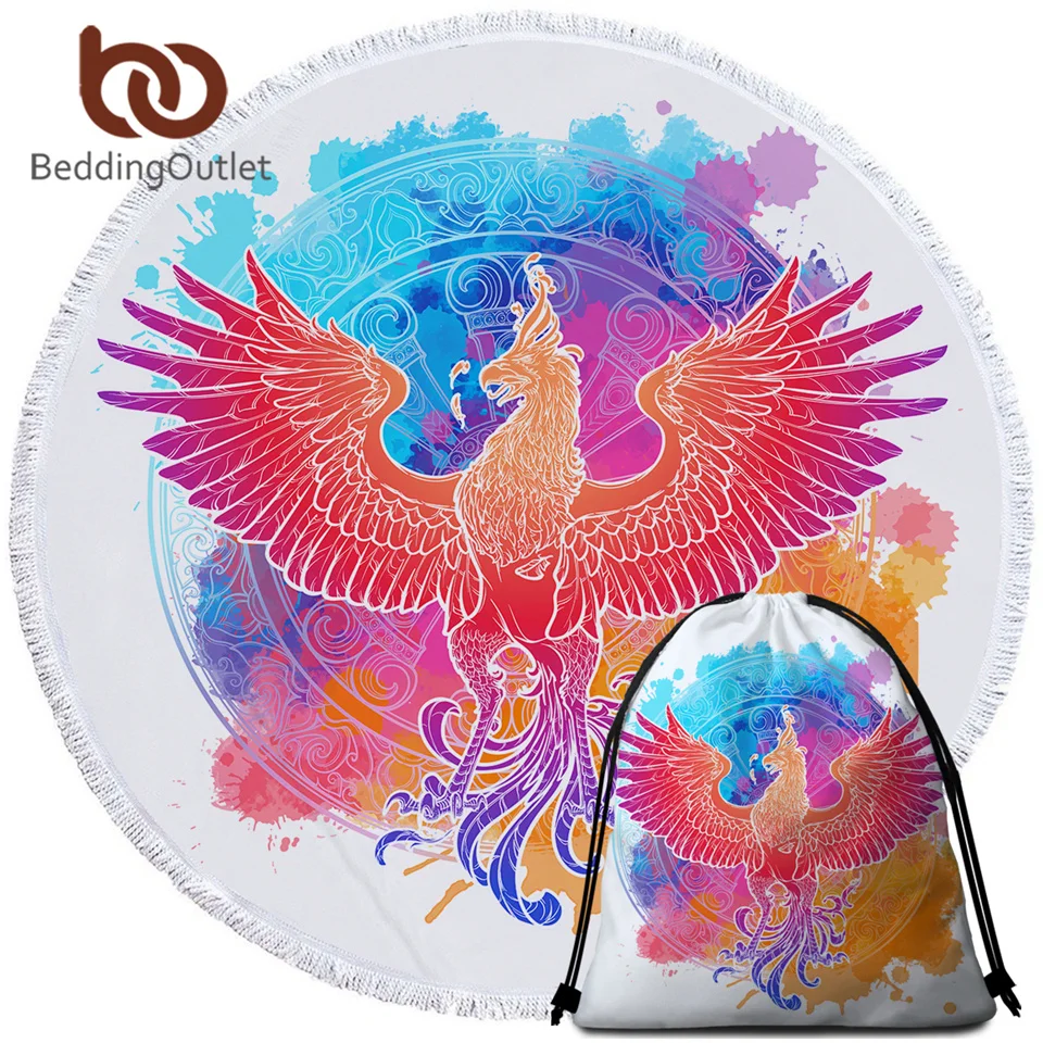 BeddingOutlet пляжное полотенце Nirvana с птицами Феникс круглое кулиской акварельный
