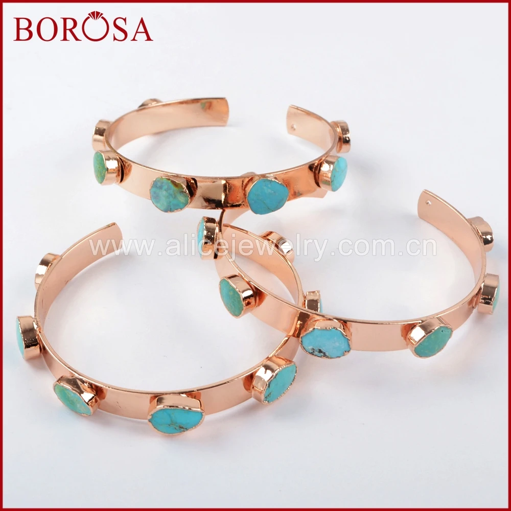 BOROSA 3/5PCS Fashion Rose Gold Color Seven Natural Turquoises Bangle Blue Stone Gems Bracelet Jewelry for Women R1341 | Украшения и