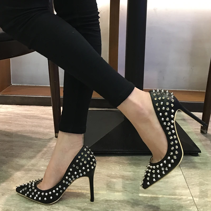 

Fashion free shipping new spikes black Leather Poined Toe Stiletto high heel shoe pump HIGH-HEELED SHOE dress shoes