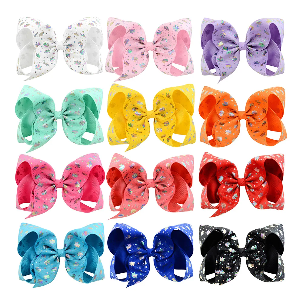 6&quot Large Hair Bows For Teens Girl Women 12 Bulk Handmade Unicorn Print Grosgrain Ribbon Jojo Bowknot Accessories Barrettes | Детская