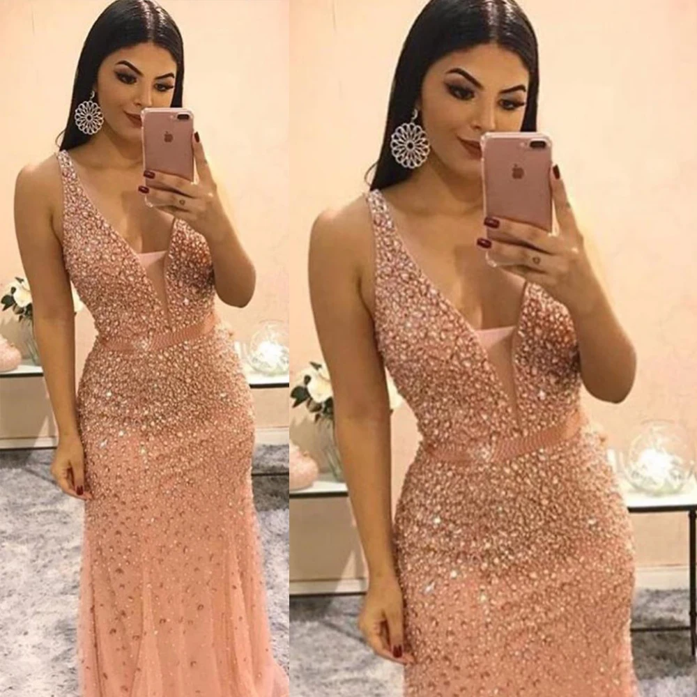 Goede Crystal Prom Dresses 2020 Diepe V-hals Kralen Strass Avondjurken Sexy Champagne Avondjurken
