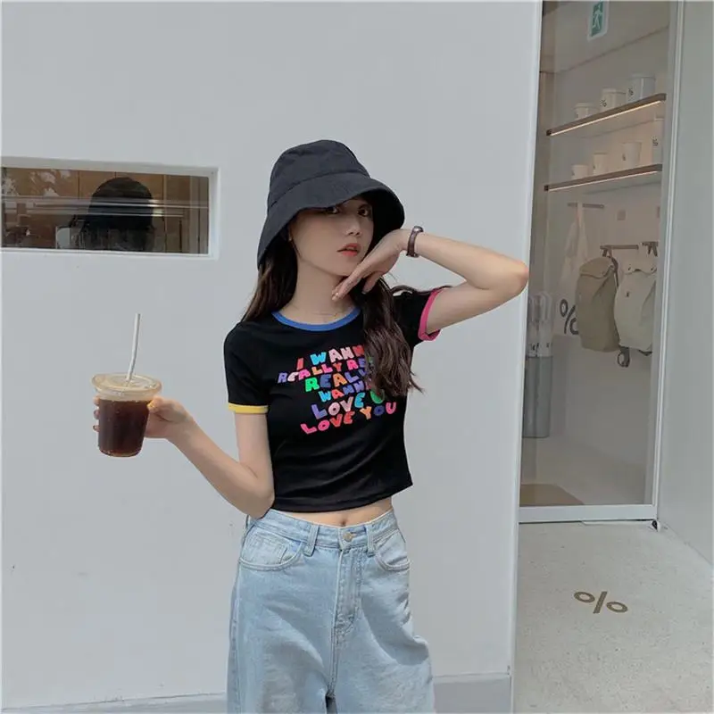 Женская футболка с буквенным принтом Повседневная коротким рукавом в Корейском