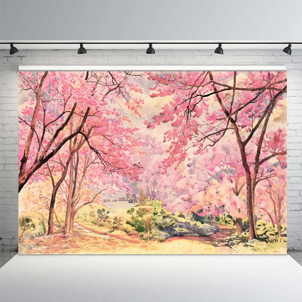 

Vinyl Photography Backgrounds Spring Theme Hand Drawn Oil Painting Pink Flower Tree Baby Birthday Kids Backdrop Photo Studio