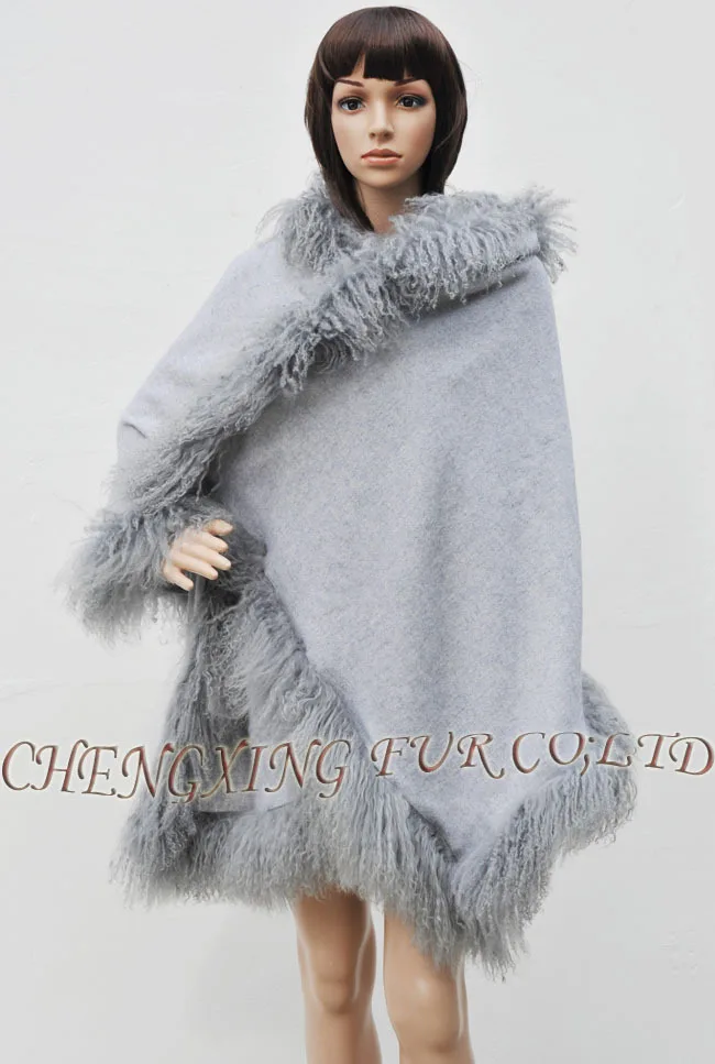 CX-B-P-01B Mongolian Lamb Fur Trim 100% Wool Cashmere Shawl Cape LOTS OF COLOURS Drop Shipping | Wraps