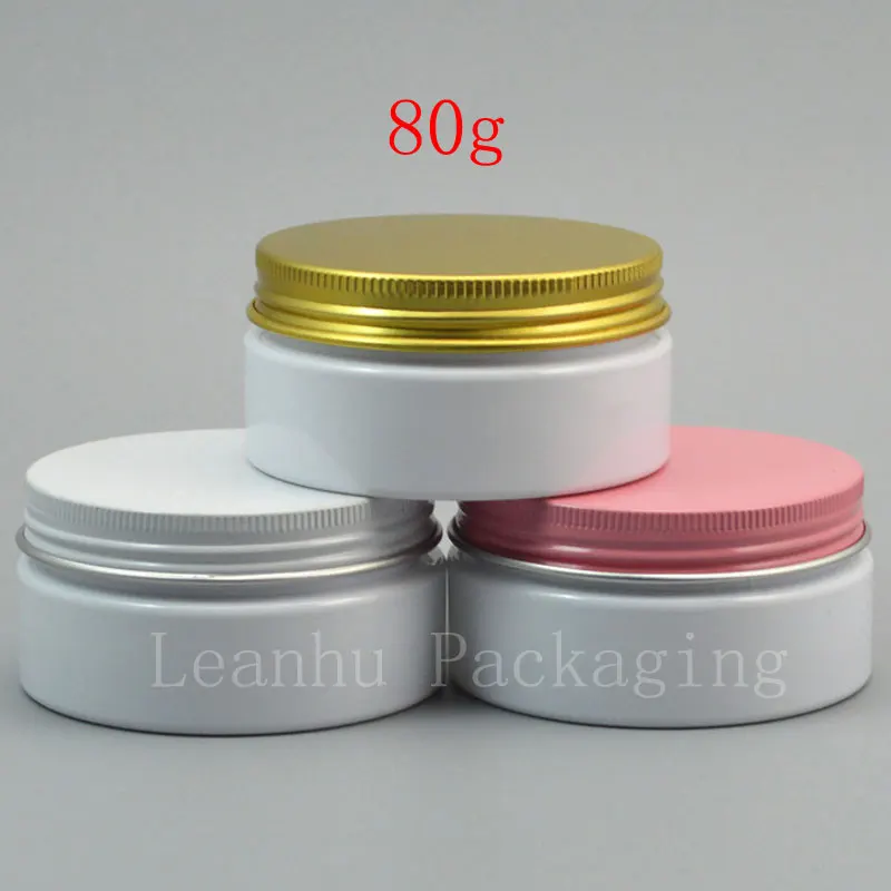(50 pieces/lot) 80g empty white PET cream jar with white / pink / gold aluminum screw cap for containing solid perfumes 80cc