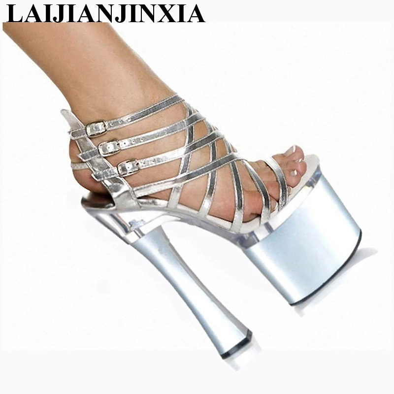 

LAIJIANJINXIA Silver Elegant Ankle Strap Fashion Comfortable Thick Heel Sandals 18cm High-Heeled Shoes 7 Inch Platforms Shoes