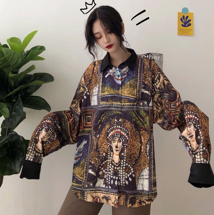BF Harajuku уличная женская одежда блузки винтажная рубашка оверсайз с принтом
