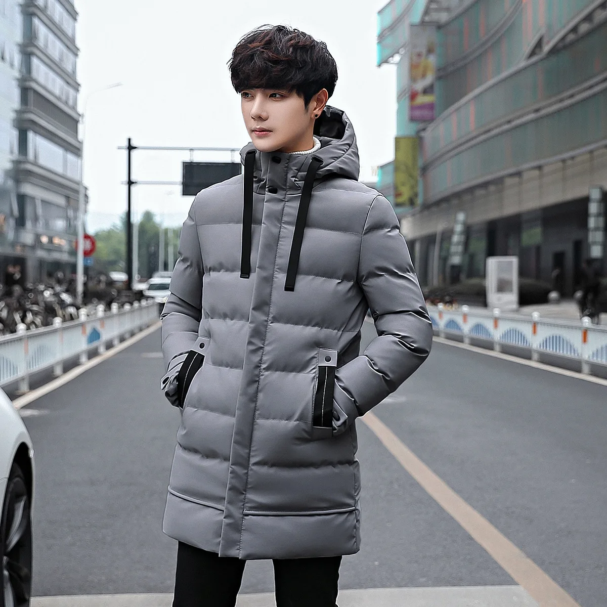 Fashion Mens cotton thick coat long cotton-padded jacket coat hooded thick long clothing Korean Youth leisure cotton winter L190
