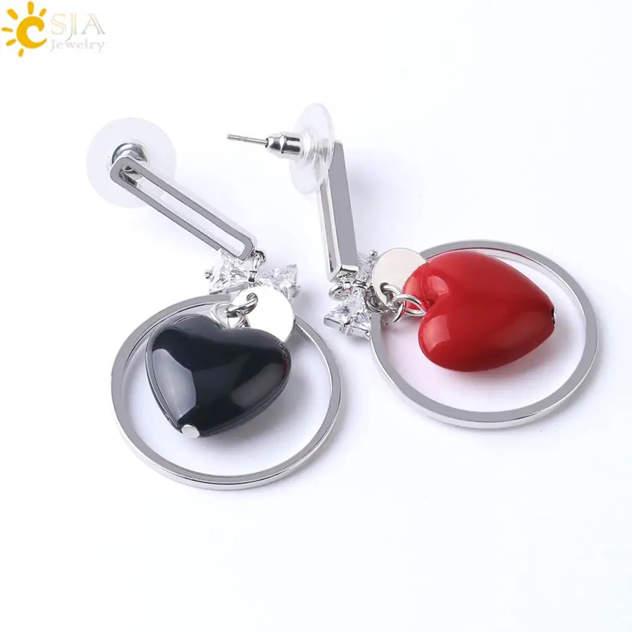 CSJA Korean Silver Color Stud Earrings Love Heart Stone Bow-knot Zircon Pendant Fashion Jewelry for Women Girls Charm Gifts G037 | Украшения