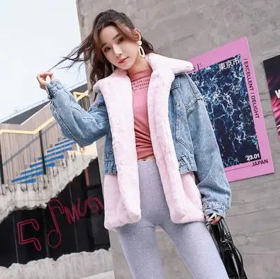 Женские куртки из двух предметов деним с мехом зима осень тонкие теплые пальто