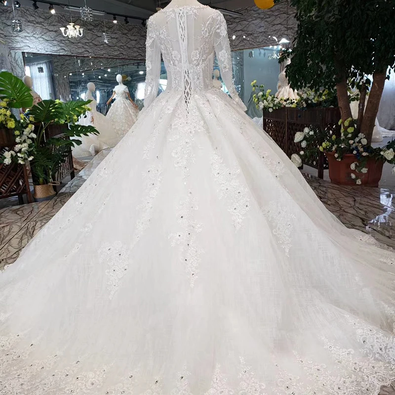 Musim Wedding Dress with long sleeve o-neck lace up back like white bridal dress gown brush train abiti da sposa 2020 HTL298 | Свадьбы и