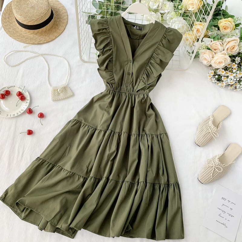 

2022 V Neck Ruffles Button Midi Dress Summer Party Tank Sundress Women Casual High Waist A-Line Beach Holiday Vestido de festa