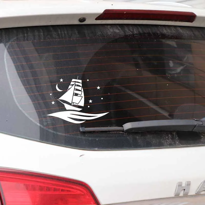 YJZT 16.4CM*12.3CM Boat Ocean Sea With The Stars And Moon Vinly Decal Decor Art Car Sticker Black/Silver C27-0413 | Автомобили и