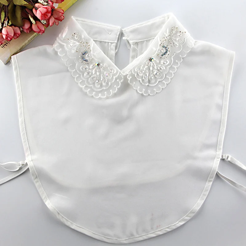 Original beautiful white flower autumn winter shirt detachable Embroidered Crystal Necklace Vest Blouse False Stand Collar