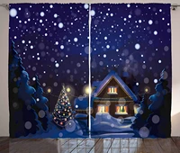christmas curtains winter night country landscape with little house among pine trees and snow living room bedroom window drapes