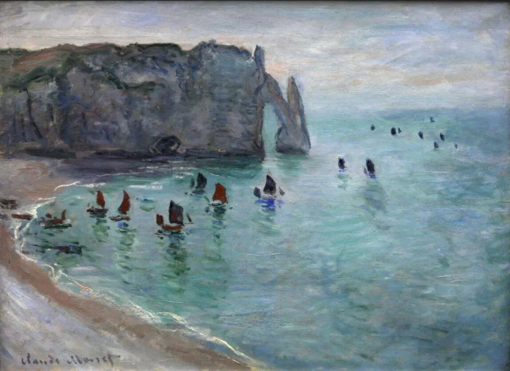 

High quality Oil painting Canvas Reproductions Etretat the Aval Door Fishing Boats Leaving the Harb by Claude Monet hand painted