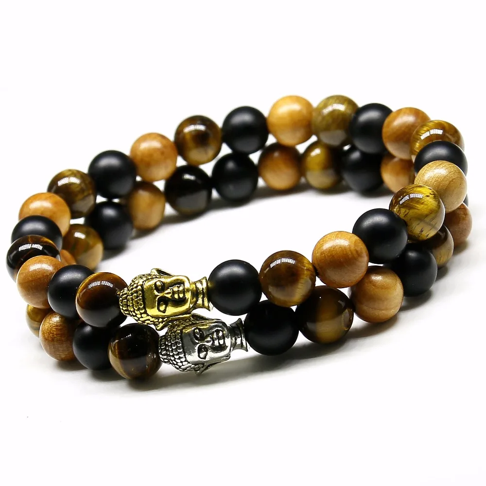 New Natural Tiger Eye Stone Beads Buddha Head Men Bracelets, Matte onyx, Wood Beaded Strand Charm Yoga bracelet Jewelry