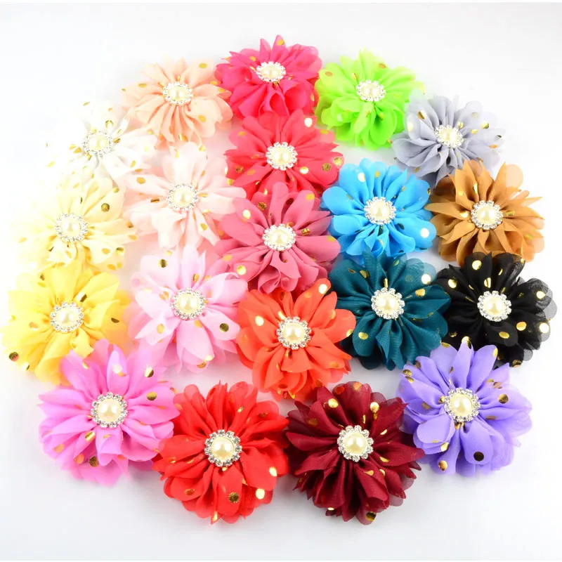 

Yundfly 5pcs 3.2" 20 Colors Kids Golden Dots Hair Flowers With Pearl Rhinestone Centre Flat Back For Girls Headwear