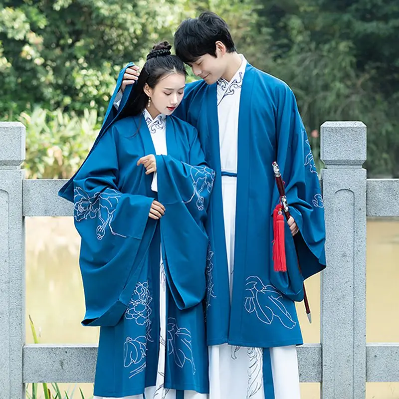 

Wei Jin Ming Dynasties Ancient Men costume chinese Hanfu Element romantic Lovers Overcoats Women Classical Suits jacket + Skirt
