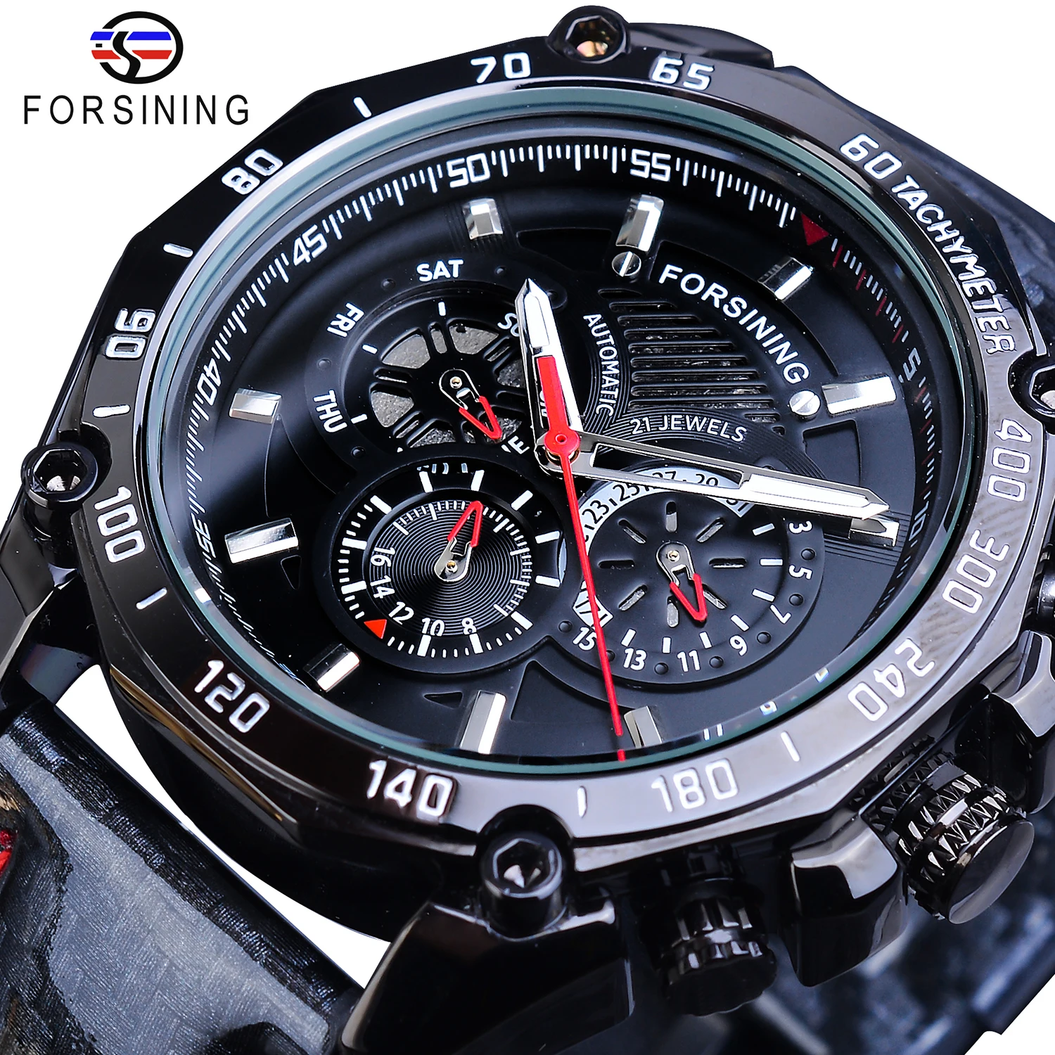 Forsining Watch Mens Automatic Luxury Brand Date Luminous Hands Genuine Leather Band Waterproof Male Mechanical Black Wristwatch