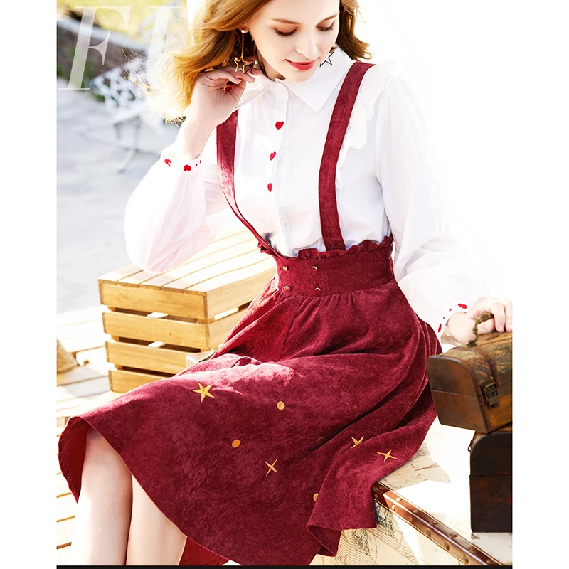 Комплект из двух предметов для женщин 2019 весна лето вышитая белая рубашка блуза